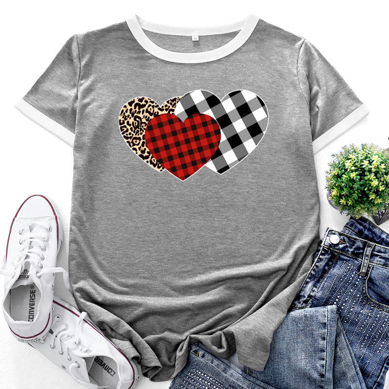 Checkered Heart Print Round Neck Short Sleeve Tops Casual Wholesale Women'S T Shirts