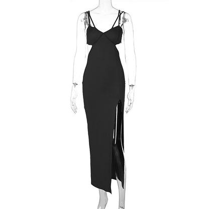 Cut Out Solid Color High Slit Sexy Slip Dress Wholesale Maxi Dresses