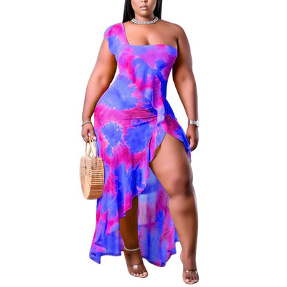 One Shoulder Printed Ruffle Curvy Maxi Dresses Wholesale Plus Size Clothing