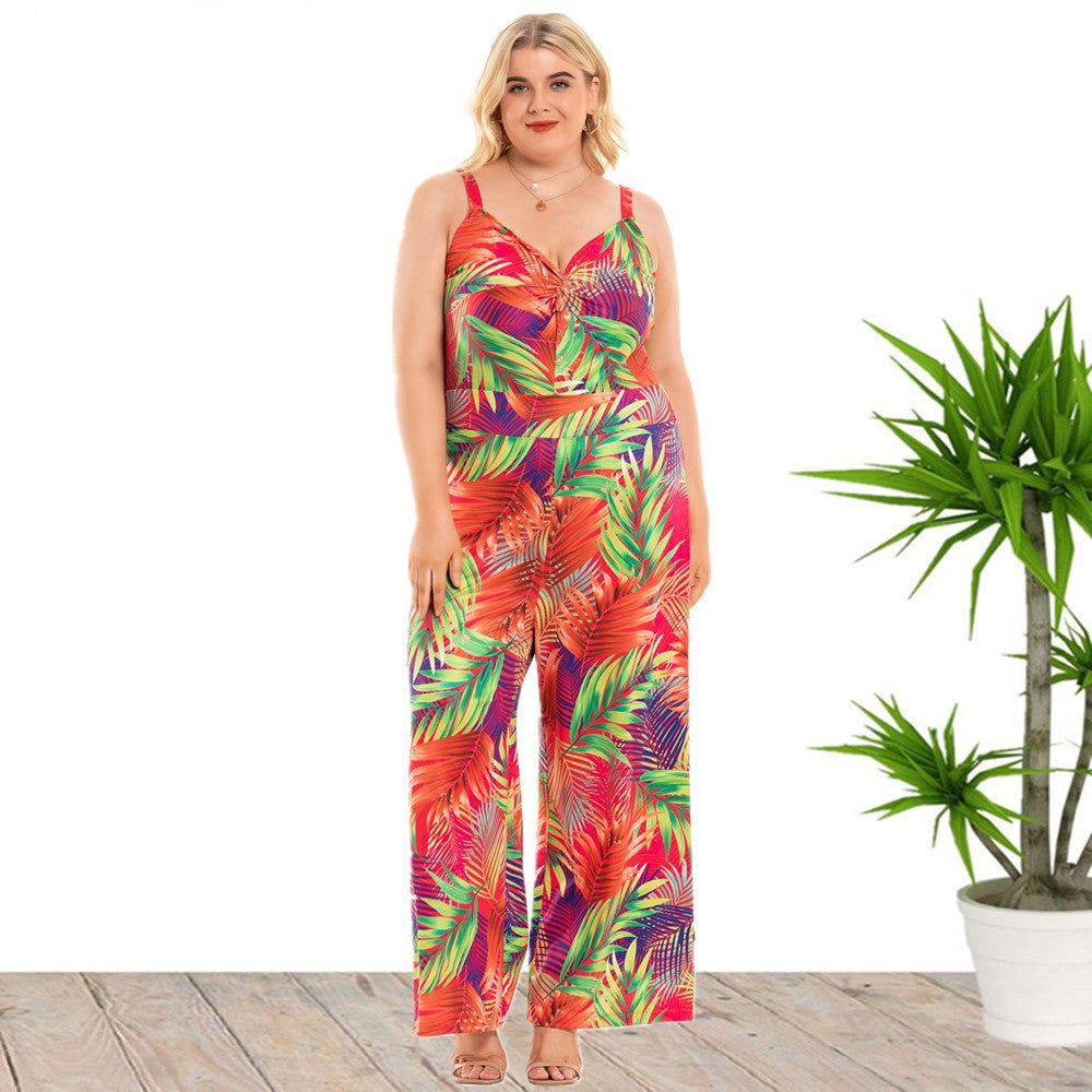 Women Fashion Sleeveless Leaf Print Wholesale Plus Size Jumpsuits Rompers Summer