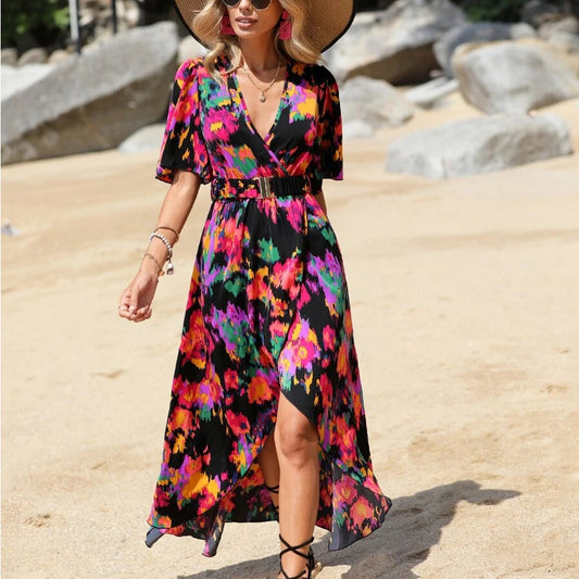 Contrast Color Printed Short-Sleeved Slit Irregular Dress Wholesale Dresses