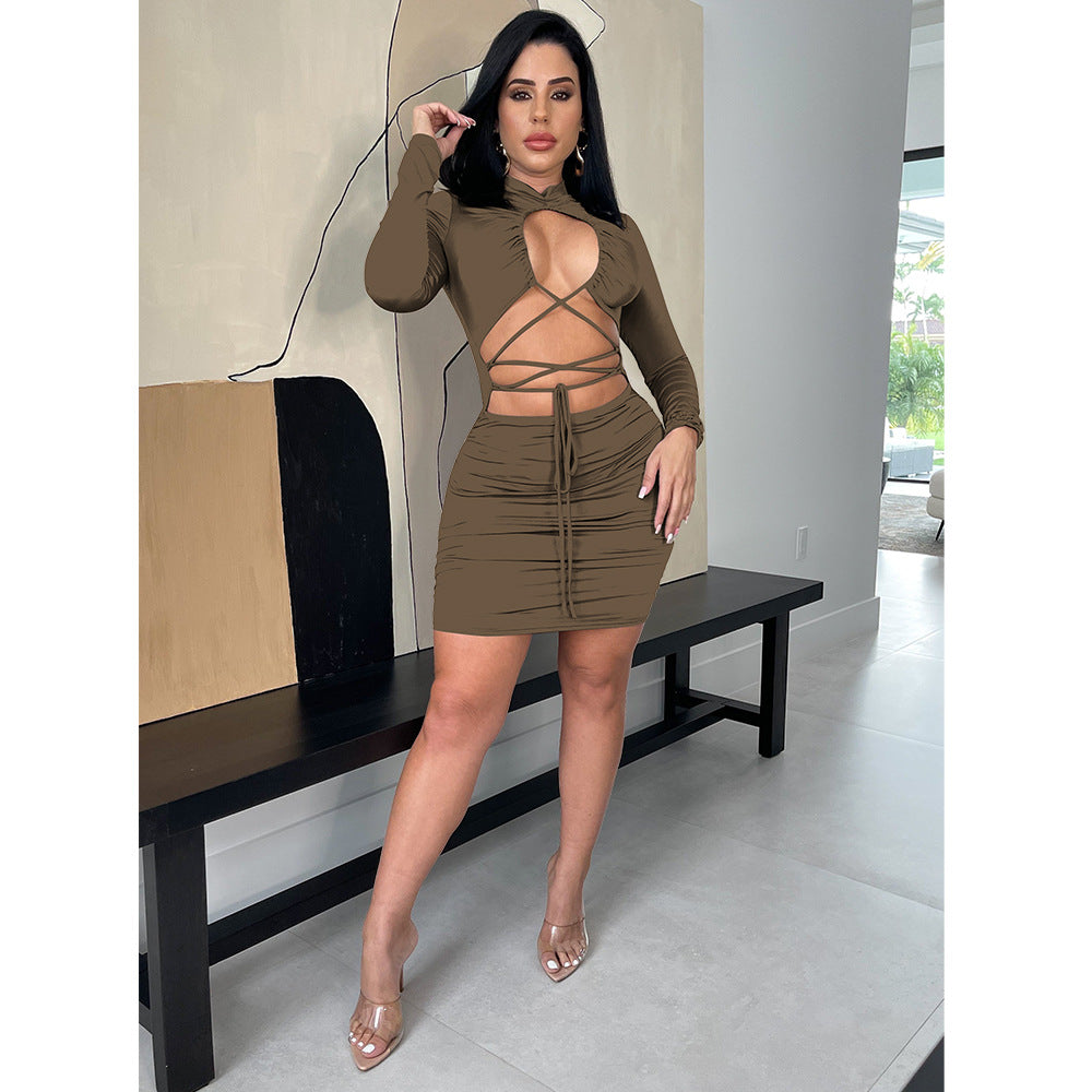 Sexy Strappy Bodycon Tight Bare Midriff Long Sleeve Dress Womens Bulk Clothing