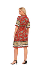 Printed V Neck Short Sleeve Fashion Midi Curve Dress Vacation Wholesale Plus Size Boho Dresses