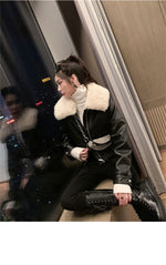Cool Casual Fur Collar All-Match Leather Zipper Warm Thick Jacket Wholesale Women Top