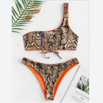 Sexy Snake Print One Shoulder Two Piece Bikini Sets Lace Up Swimsuit Wholesale Vendors