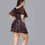 Crossover Translucent Sleeve Cherry Print Curve Swimsuits Fashion Plus Size Swimwear Wholesale Vendors