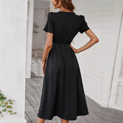 Casual V Neck Midi Dress Short Sleeve Slim Solid Color Swing Wholesale Dresses