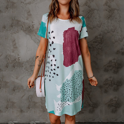 Fashion Print Dress Round Neck Short Sleeve CasualWholesale Dresses