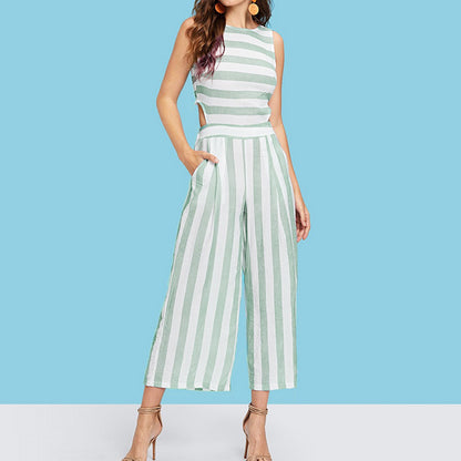 Women Fashion Sleeveless Striped Cut Out Wholesale Jumpsuits&Rompers With Pockets