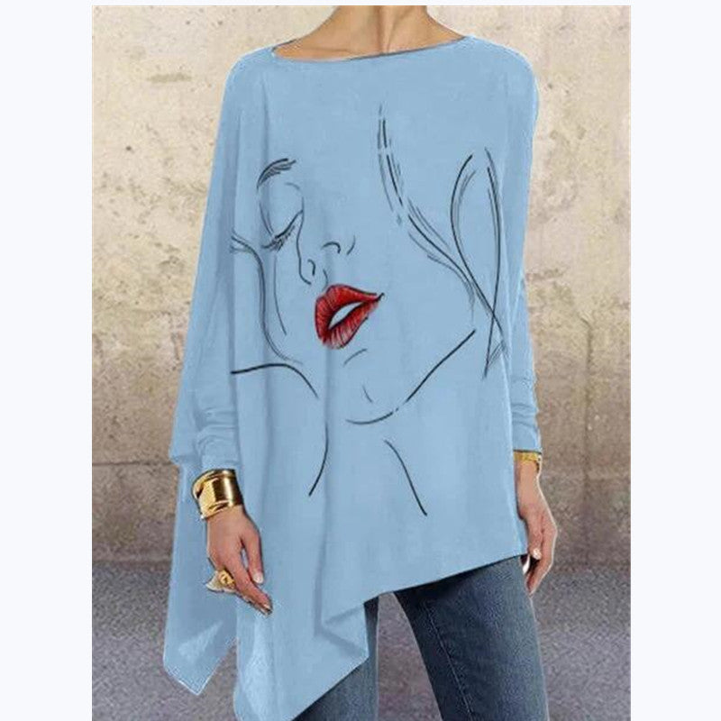 Fashion Face Print Tops Solid Color Loose Wholesale Womens Long Sleeve T Shirts