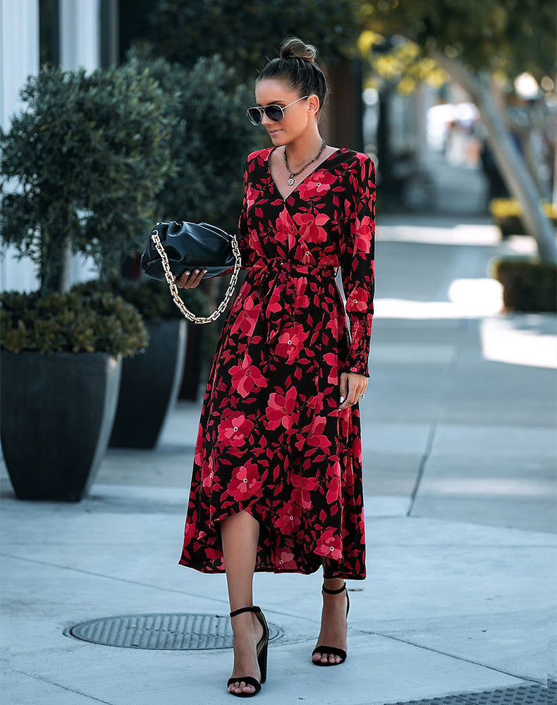 V-Neck Floral Print Long-Sleeve Wrap Dress Wholesale Dresses