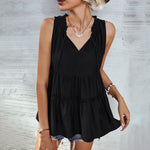Lace-Up Solid Color Ruffled Sleeveless Loose Smocked Womens Shirts Casual Wholesale Tank Tops