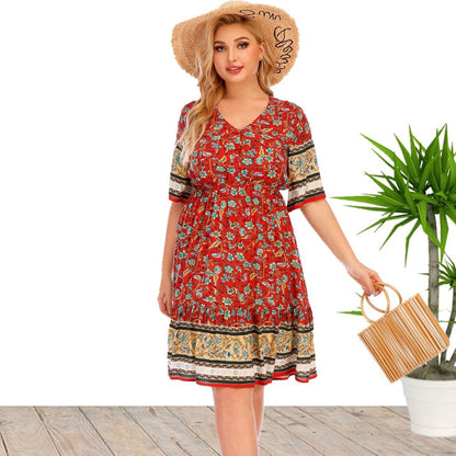 Printed V Neck Short Sleeve Fashion Midi Curve Dress Vacation Wholesale Plus Size Boho Dresses