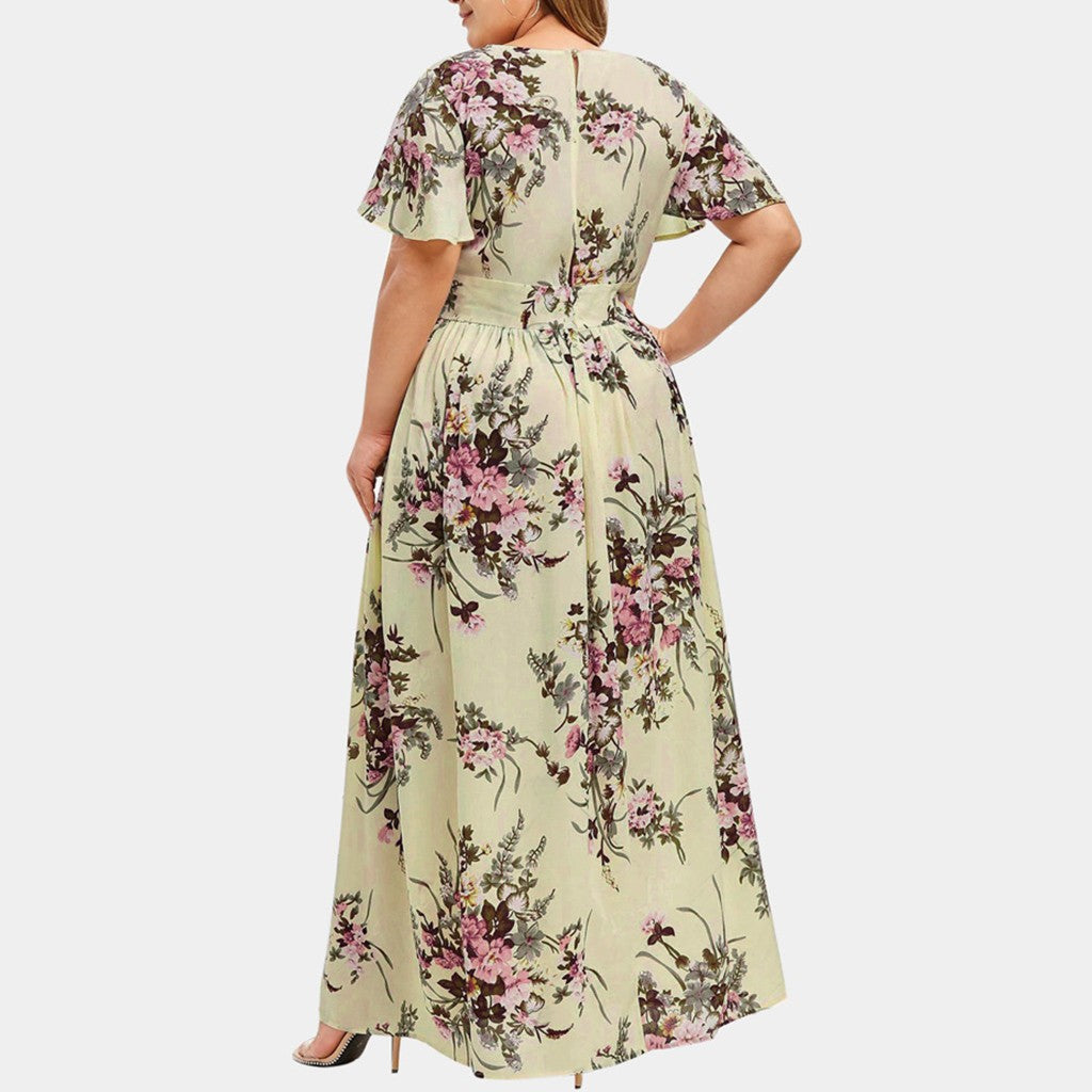 V Neck Floral Print Nipped Waist Slit Curvy Maxi Dresses Wholesale Plus Size Clothing