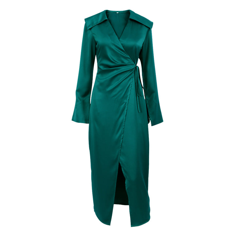 Surplice Collar Lace-Up Solid Satin Wholesale Vintage Dresses For St Patricks Day