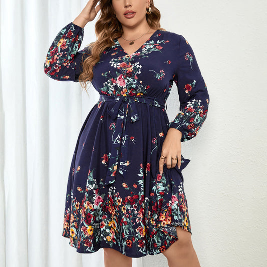 Waisted V-Neck Long-Sleeve Curvy Dresses Wholesale Plus Size Clothing