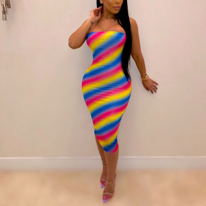 Rainbow Print Off Shoulder Sleeveless Tube Top Wholesale Bodycon Dresses