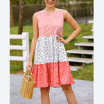 Polka Dot Striped Colorblock Print Crew Neck Fashion Sleeveless Loose Tank Smocked Dress Wholesale Casual Dresses