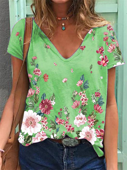 Floral V Neck T Shirt Wholesale Womens Clothing