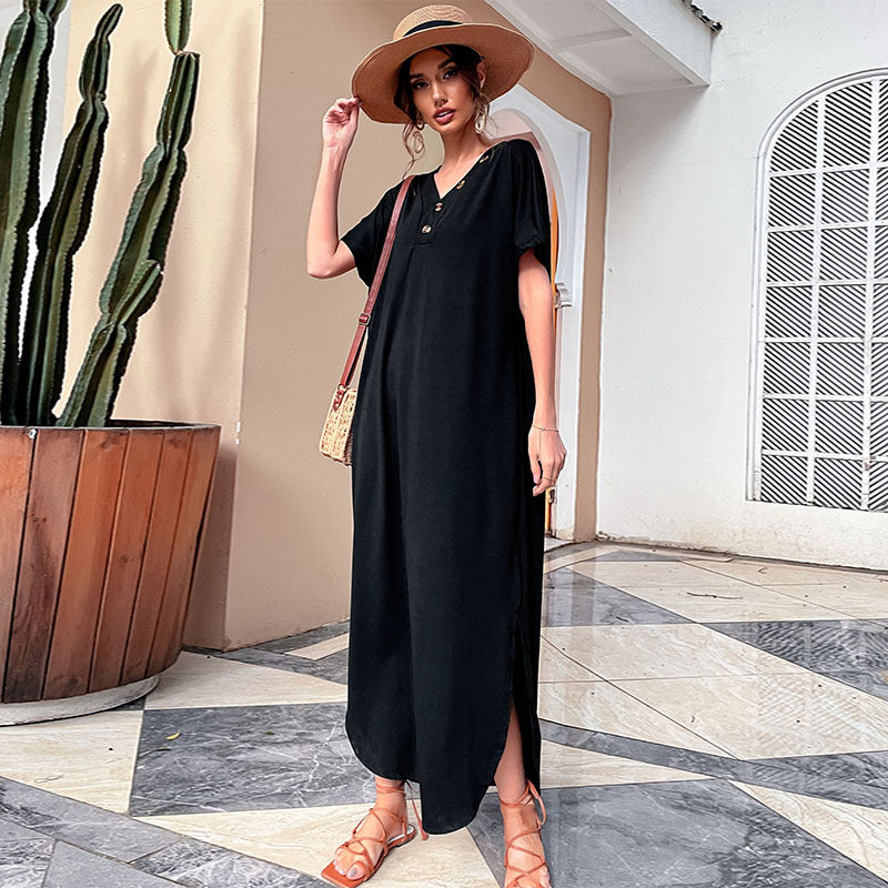 Solid Color Pullover Black Button Slit Design Loose Causal T Shirt Dress Wholesale Maxi Dresses