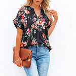 Floral Graphic V Collar Short Sleeve Blouse Wholesale Clothing Suppliers
