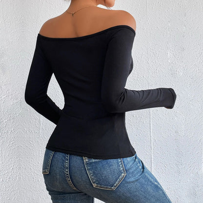 Sexy Off-Shoulder Tops Solid Color Slim Long Sleeve Knitted Wholesale Top