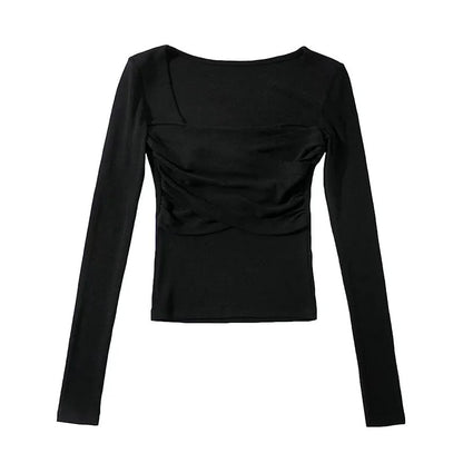 Square Collar Pleated Long Sleeve Solid Color Sexy Crop Top Wholesale Women Top