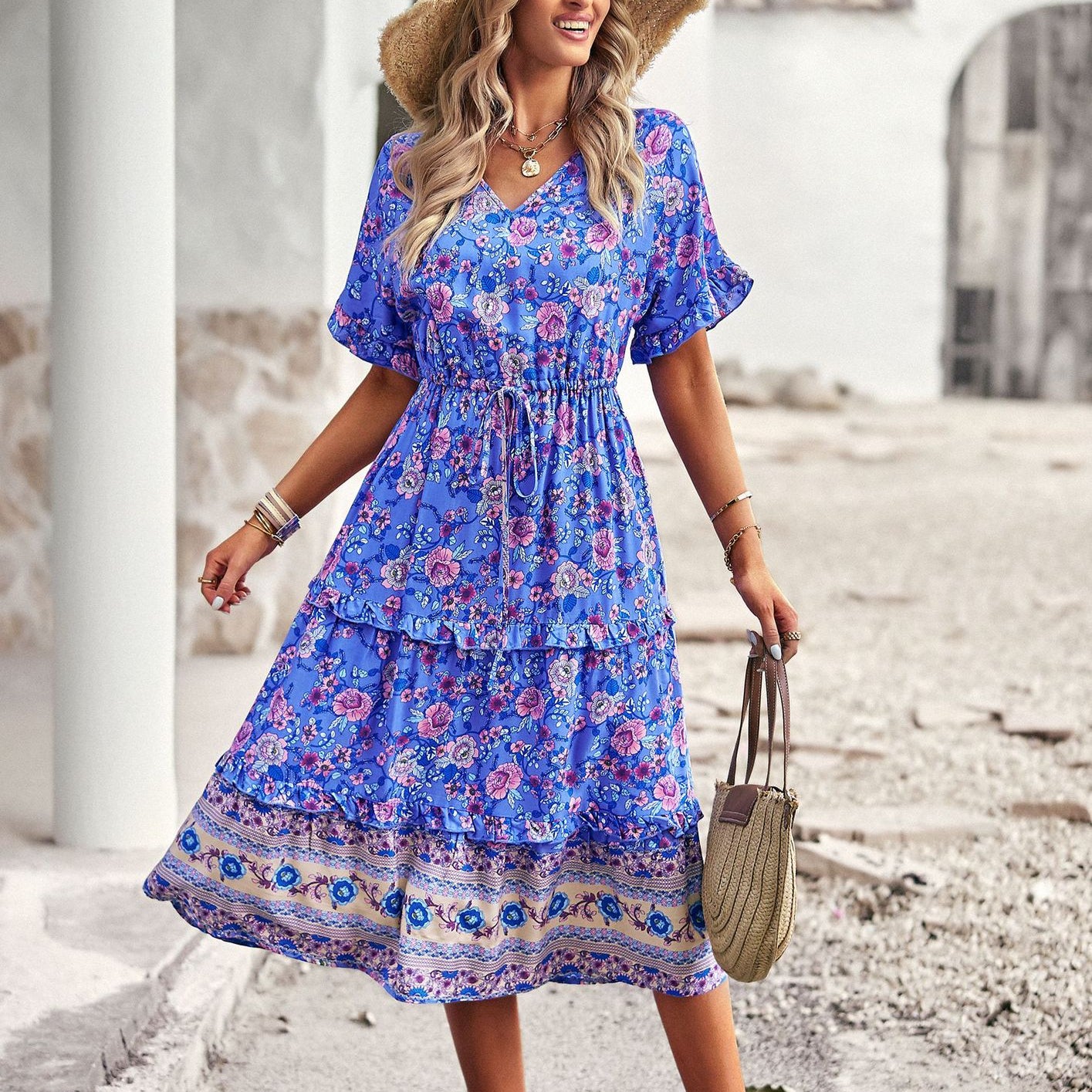 Boho Print Short Sleeve High Waist Bohemian Dress Wholesale Dresses