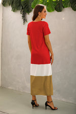 Trendy Colorblock Print Short Sleeve V Neck Midi A-Line Dresses Casual T Shirt Dress Wholesale