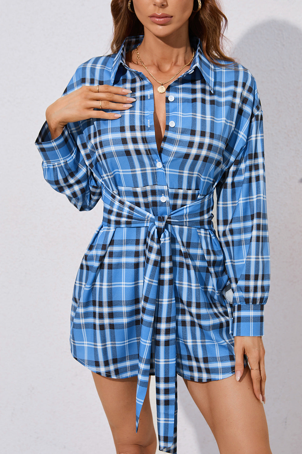 Plaid Print Lace-Up Long-Sleeve Shirtdress Wholesale Shirt Dresses