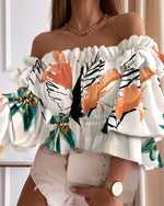 Fashion Off Shoulder Printed Sexy Ruffles Waist Elastic Shirts Wholesale Crop Tops ST531871
