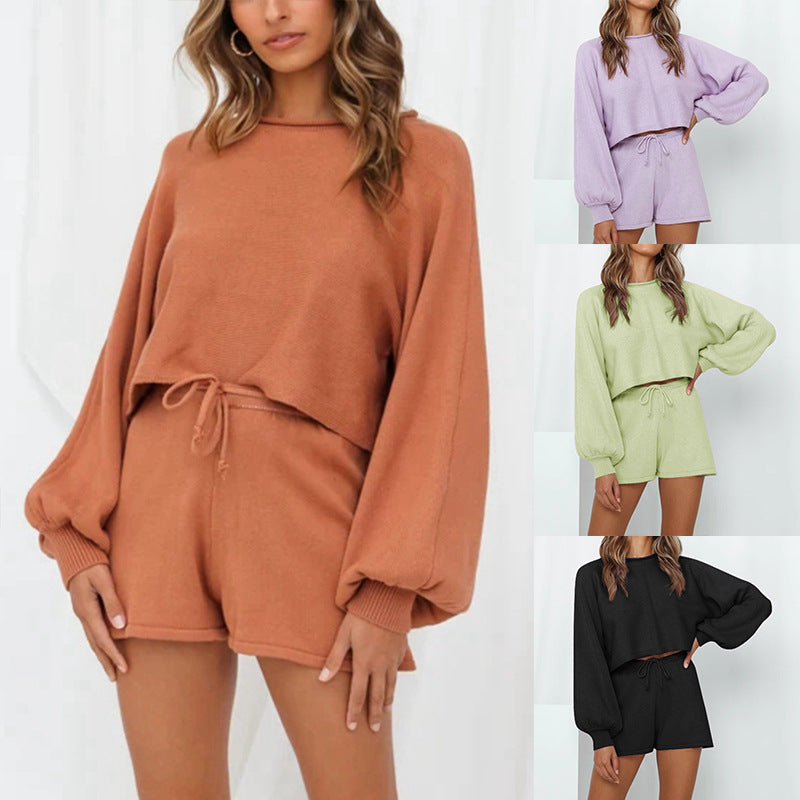 Solid Color Long Sleeve Sweater ＆ Shorts Pants