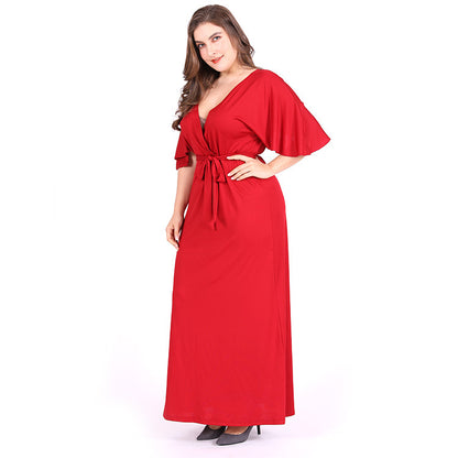 V Neck Tie-Up Flare Short Sleeve Curvy Dresses Wholesale Plus Size Clothing