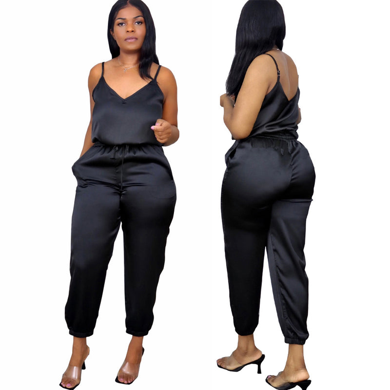 Silk Pure Colour V-Neckline Strappy Jumpsuit