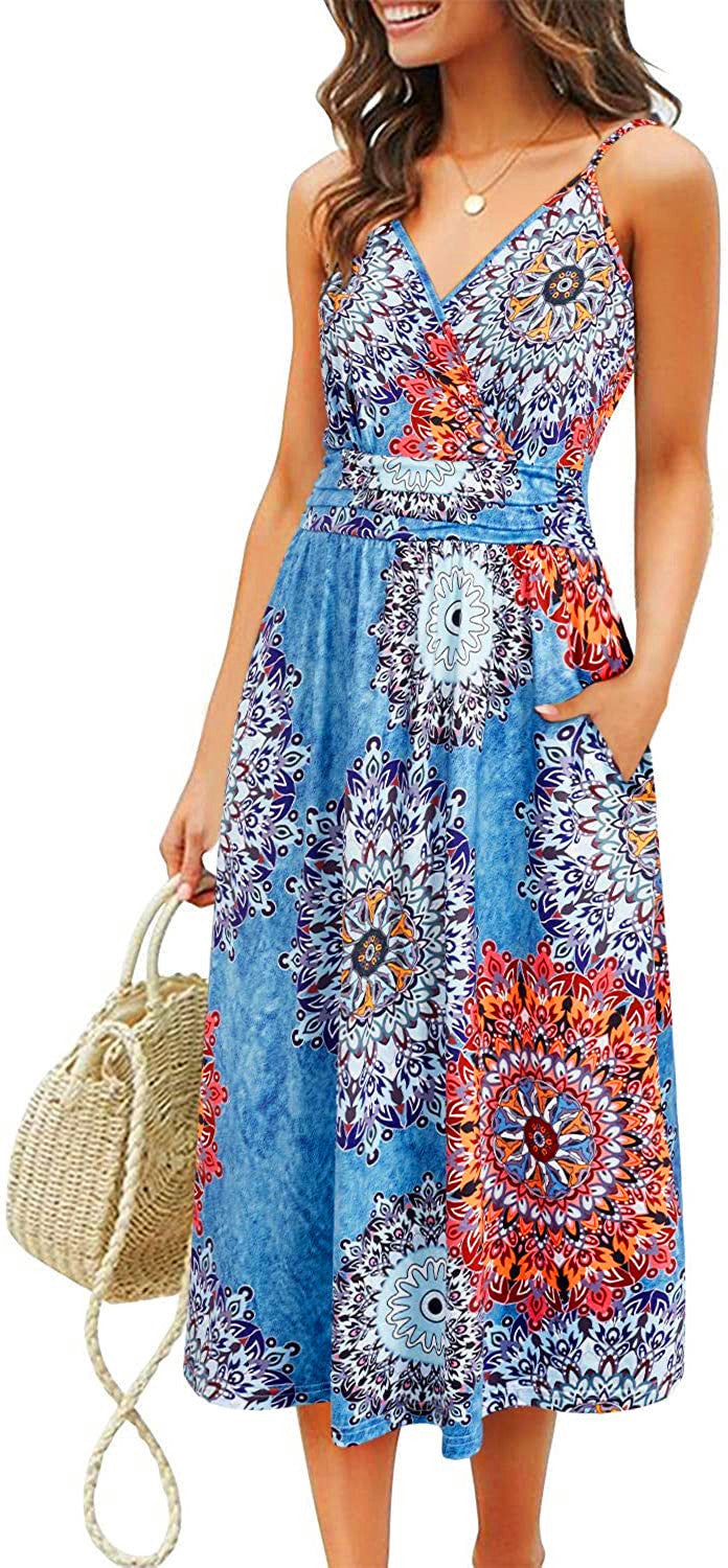 Printed Sling Dress Loose Beach Midi Dress With Pocket Casual Vacation Wholesale Dresses V Neck