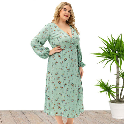 Plus Size Women V Neck Long Sleeve Floral Split Dress Wholesale