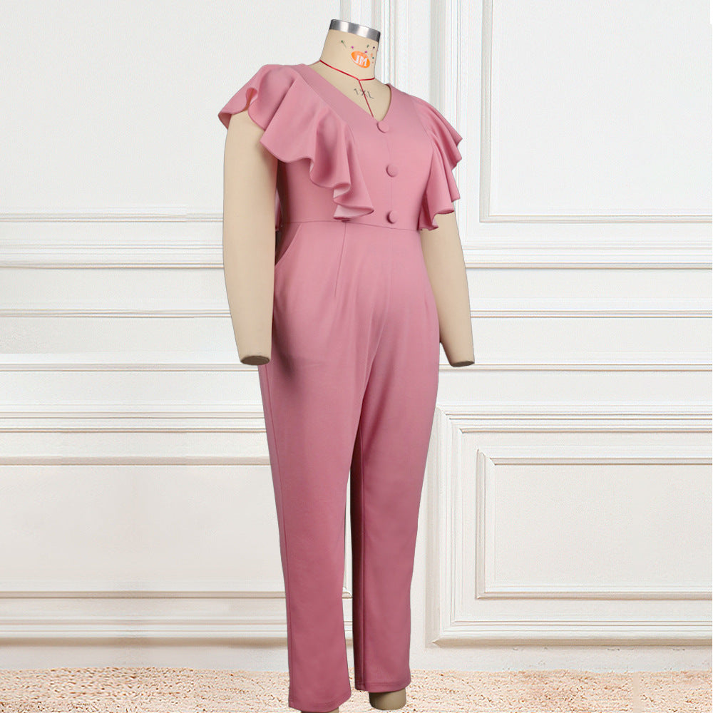 Plus Size Pink V Collar Button High-Waist Wide-Legged Pants Jumpsuit Body Suit