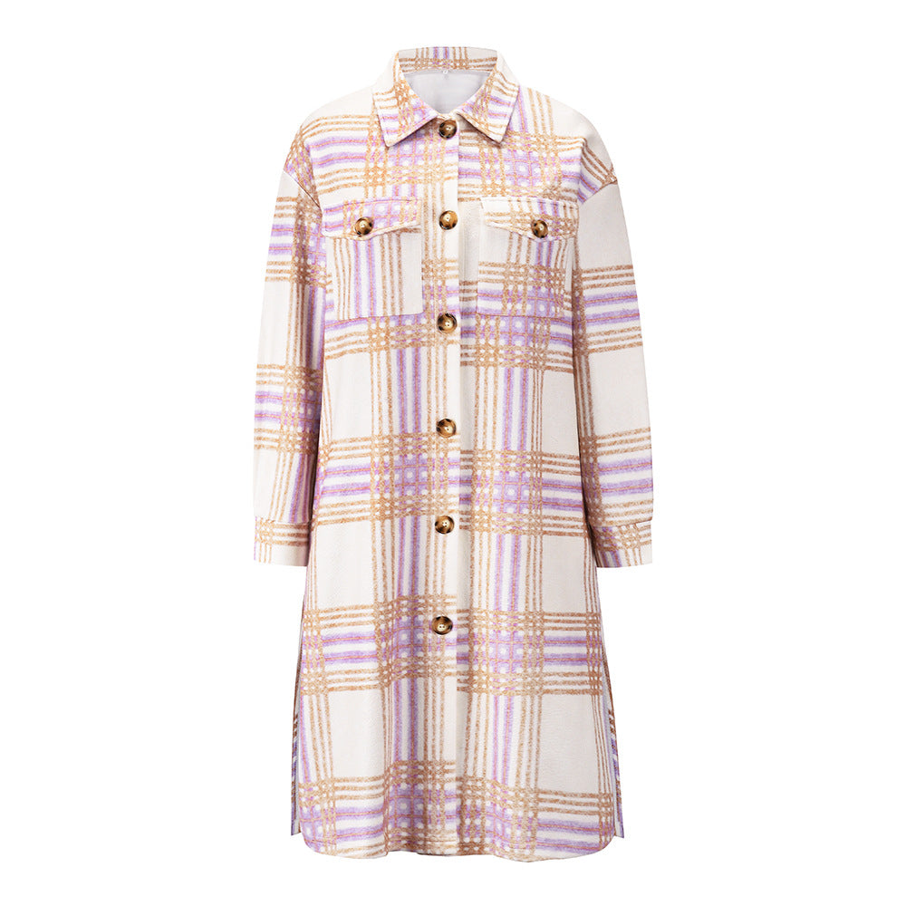 New Autumn And Winter Plaid Long-sleeved Long Cardigan Coat