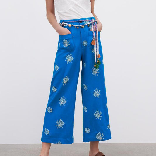 Linen Embroidery High Waist Wide Leg Pants