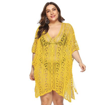 Sexy Cutout Knitted Bikini Cover Up V-Neck Slit Beachwear Curve Dresses Wholesale Plus Size Clothing