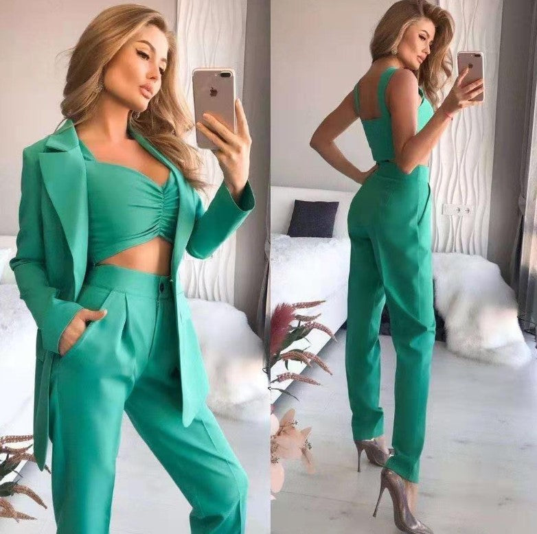 Solid Color Loose Blazer & Inner Top & Pants 3pcs Suits Wholesale Women Sets