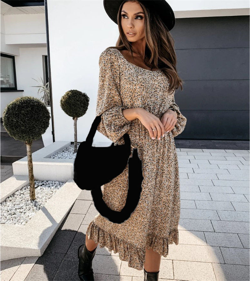 Square Neck Printed Lantern Sleeve Midi Ruffled Dress Casual Wholesale Dresses