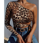 Leopard Print Sexy One Shoulder Tie-Up Cropped Navel Shirts Wholesale Crop Tops