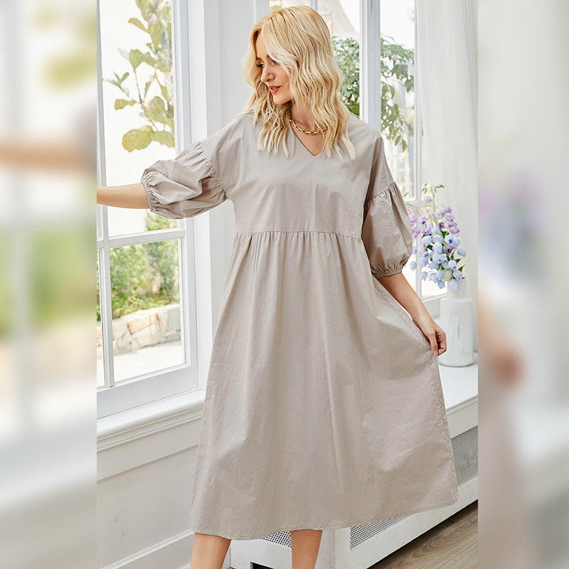 Plain Color Bubble Sleeve V Neck Wholesale Oversize Dresses Summer