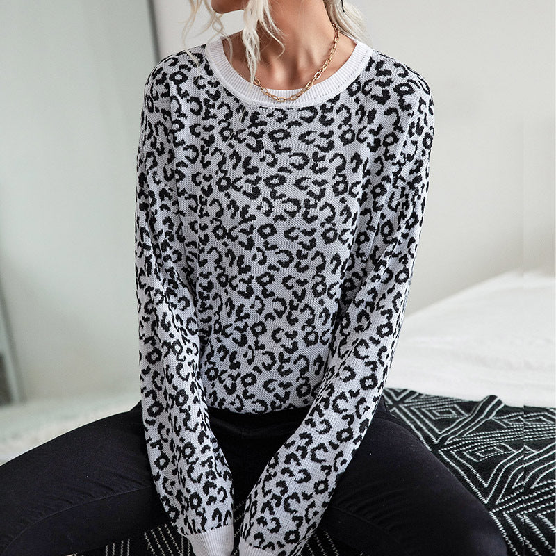 Round Neck Knitted Pullover Leopard Stitching Casual Bottoming Sweater Wholesale Top