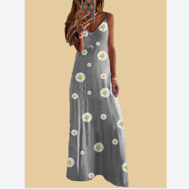 Daisy Print Spaghetti Strap Sleeveless Wholesale Maxi Dresses for Summer