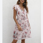 V-Neck Floral Print Ruffle Sleeve Tie-Up Chiffon Swing Dress Casual Wholesale Dresses