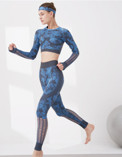 Ladies Hollow Long-Sleeved Crop Top & Leggings Set Yoga Set Camouflage