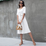 Puff Sleeve Solid Color Square Neck Business Casual Women Midi A-Line Dress Elegant Wholesale Dresses