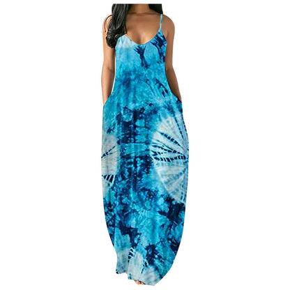 Tie Dye Print Loose U Neck Sling Dress Wholesale Maxi Dresses